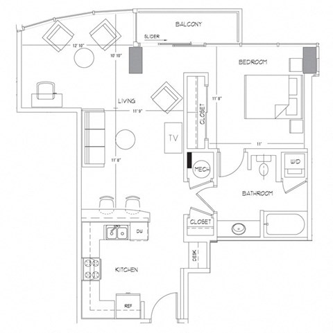 Floor plan for 1 bed, 1 bath, 815 sqft